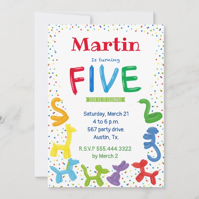 convite para balões de animais de 5 aniversário (Frente)