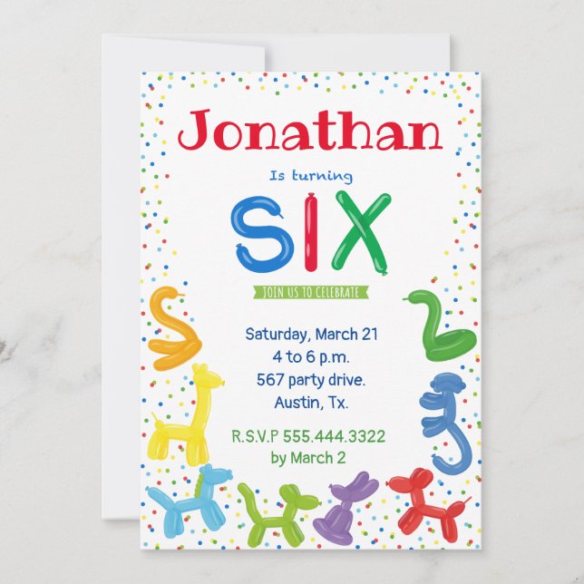 convite para balões de animais de 6 aniversário (Frente)