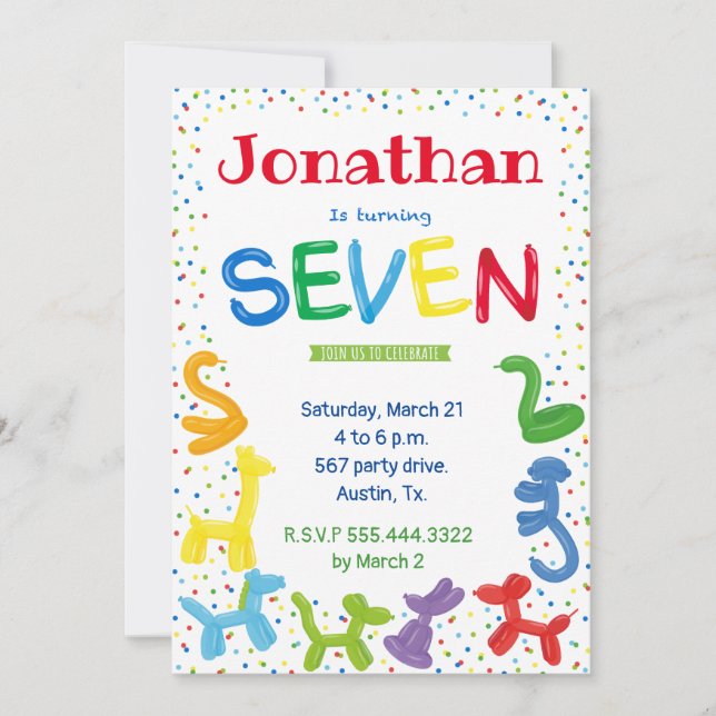 convite para balões de animais de 7 aniversário (Frente)