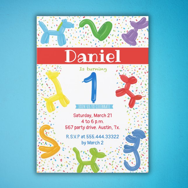 Convite para balões de animais de primeiro anivers (Criador carregado)