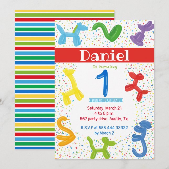 Convite para balões de animais de primeiro anivers (Frente/Verso)