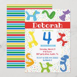 Convite para balões de animais do 4º aniversário
