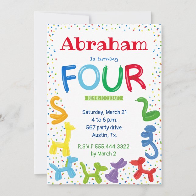 Convite para balões de animais do 4º aniversário (Frente)