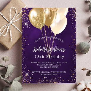 Convite para balões de ouro roxo de aniversário