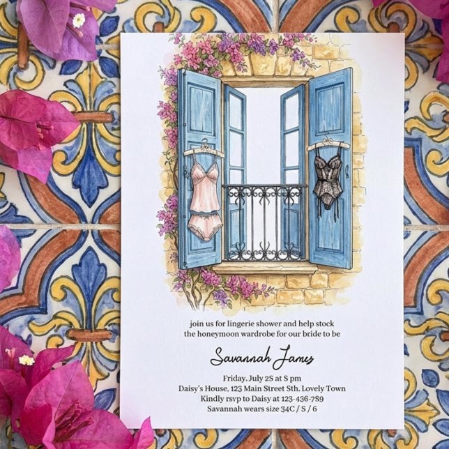 Convite para Banho de Lingerie na Costa Mediterrân (Mediterranean themed lingerie shower invitation, mamma mia style stock the drawer panty party invite)