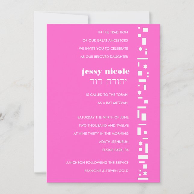 Convite para Bar de estrelas e quadrados Bat Mitzv (Frente)