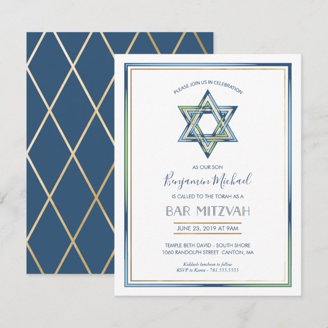 Convite para Bar de Menino Mitzvah; Estrela de Dav (Frente/Verso)