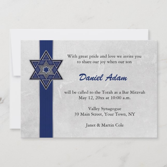 Convite para Bar Mitzvah de Stripe de Estrela Azul (Frente)