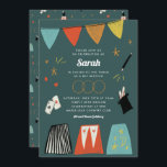 Convite para Bat Mitzvah, Bar do Teal Magic Show<br><div class="desc">Aprecie os seus convidados com um tema de apresentação do Magic Show. Este design tocável apresenta ilustrações desenhadas à mão cheio de mágica divertida e atraente sobre um belo fundo teal! Personalize com os detalhes de seu próprio partido e reúna a parte com o pacote de fornecimento do cheio Magic...</div>