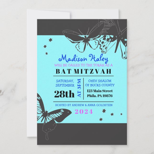 Convite para Bat Mitzvah, Bat, Bat, de borboleta A (Frente)