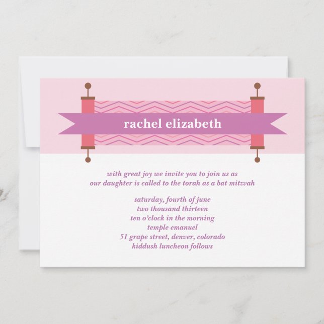 Convite para Bat Mitzvah com Chevron Rosa da Torá (Frente)