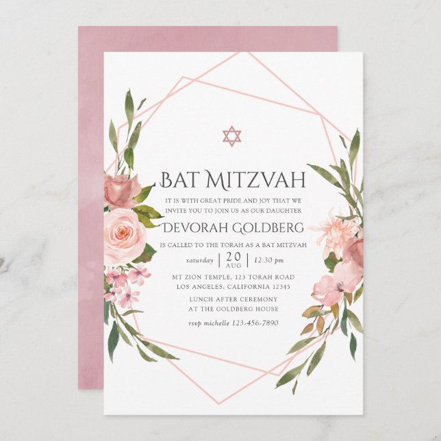 Convite para Bat Mitzvah, cor-de-rosa, (Frente/Verso)