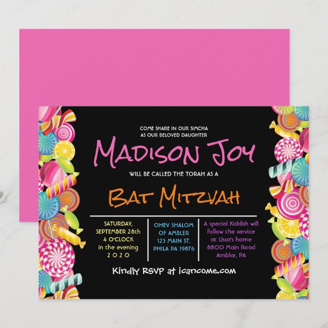 Convite para Bat Mitzvah, cor-de-rosa, da Universi (Frente/Verso)