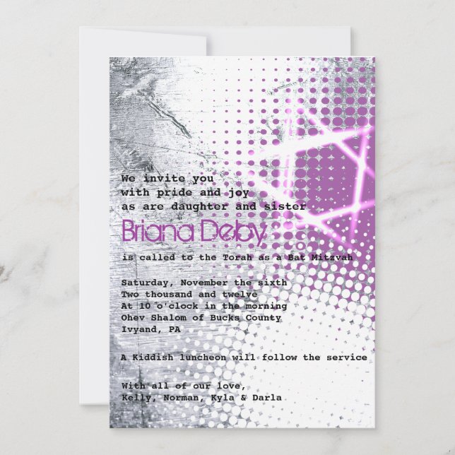 Convite para Bat Mitzvah do Bar STAR TEXTURA SILVE (Frente)