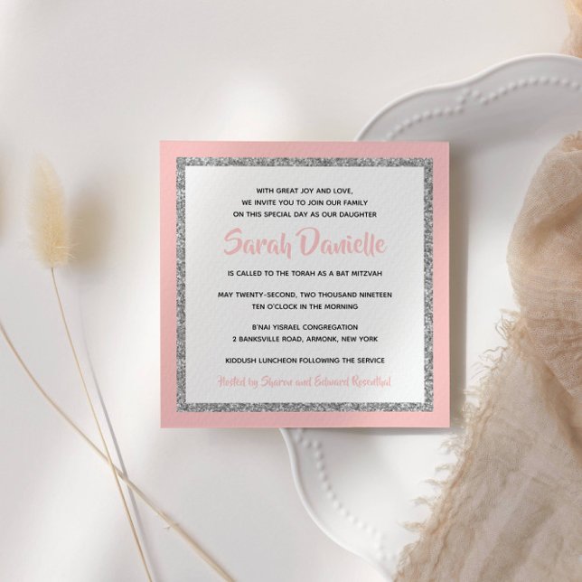Convite para Bat Mitzvah, rosa e prata (Criador carregado)