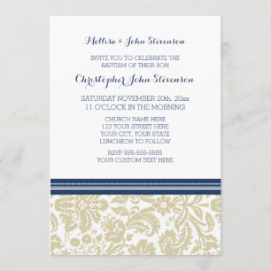 Convite para Batismo Azul Beige Damask