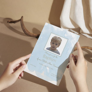 Convite para Batismo Azul Suave com Destaques Dour