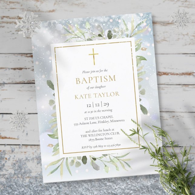 Convite para Batismo Cinzento de inverno (Winter Snow Greenery Baptism Invitation)