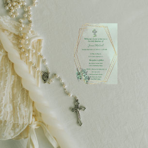 Convite para Batismo Cruzado Elegante Verde e Dour