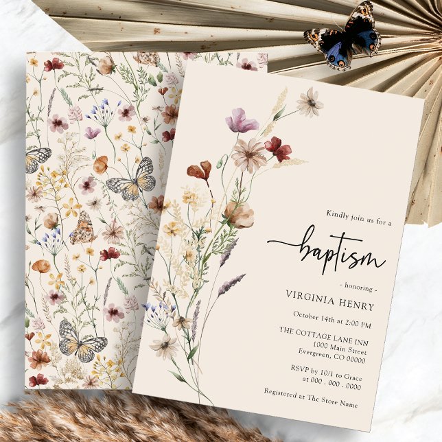 Convite para Batismo de Bebê Boho (Boho Wildflower Baby Baptism Invitation by Painted Paperie
)