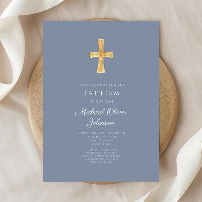 Convite para Batismo de Blue Cross Boy Modern Dust (Modern Dusty Blue Cross Boy Baptism Invitation)