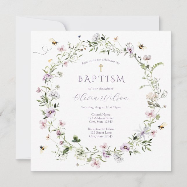 Convite para Batismo de Flor Selvagem Roxo (Frente)