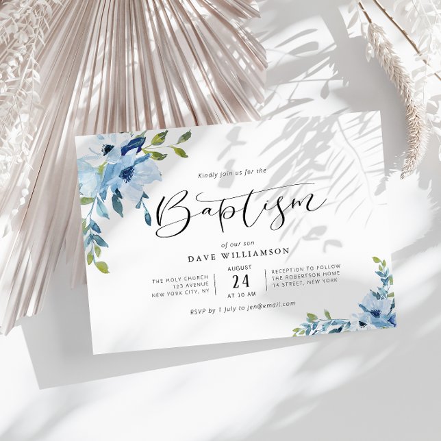 Convite para batismo de flores pintadas azuis (Criador carregado)