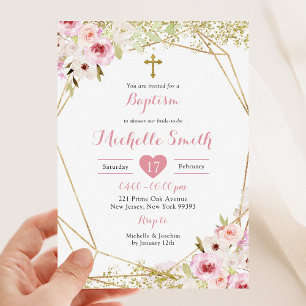 Convite para Batismo de Menina Floral Rosa Dourada