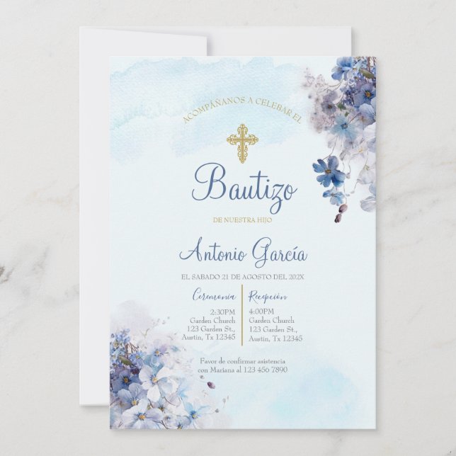 Convite para batismo de menino azul claro (Frente)