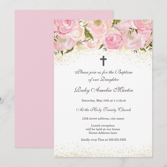 Convite para Batismo de Rosa de Sparkle Dourado, c (Frente/Verso)