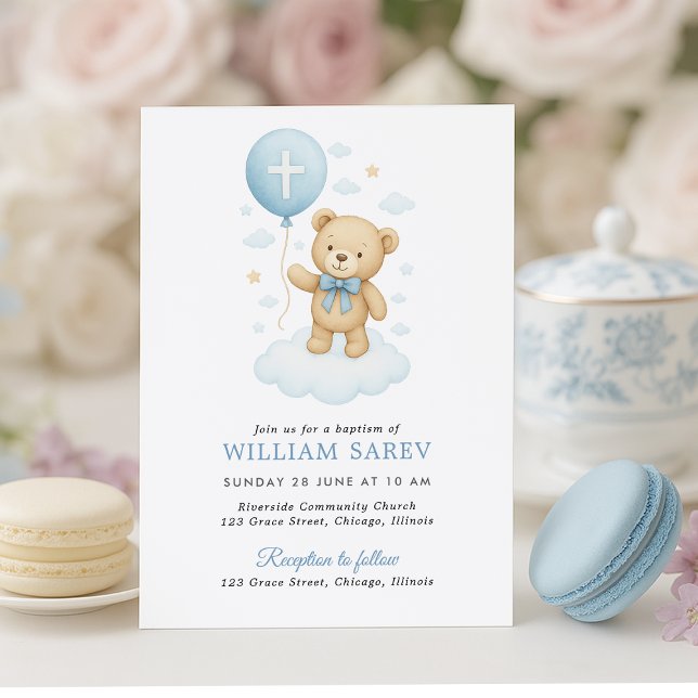 Convite para Batismo do Urso Azul (Sweet teddy bear baptism invite with pastel treats – soft, charming design for baby boys)