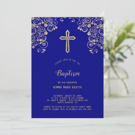 Convite para Batismo Dourado Azul, Marinho Elegant