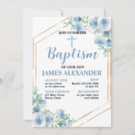 Convite para Batismo Floral Azul Pastel Elegante