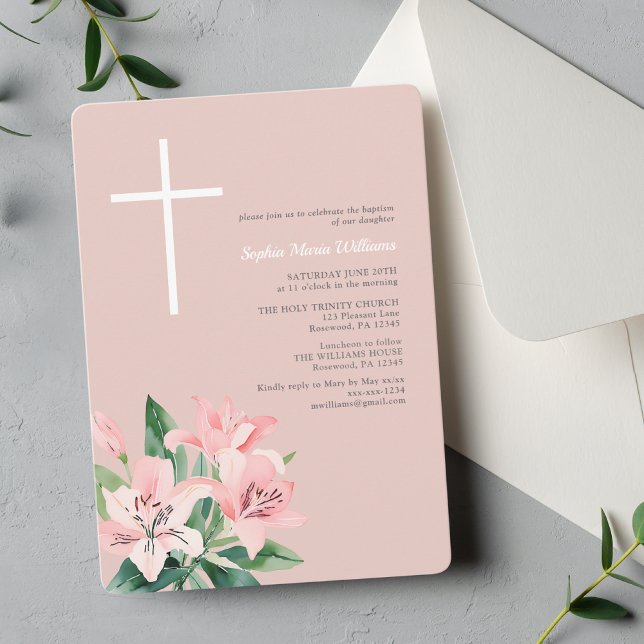 Convite para Batismo Floral Rosa Elegante (Criador carregado)