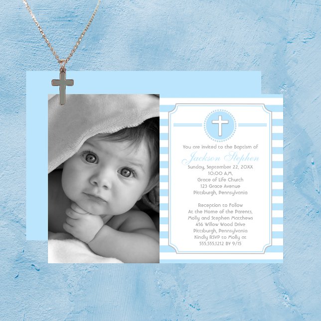 Convite para Batismo Fotográfico do Cross Blue Str (Cross Blue Stripes Boy Photo Baptism Invitation)