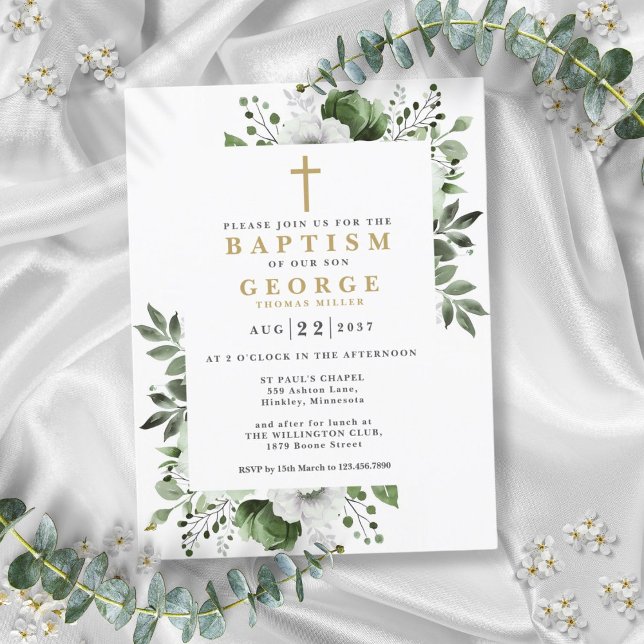Convite para Batismo Moderno Botânico Verde Oleíco (Olive Green Botanical Modern Baptism Invitation Postcard)