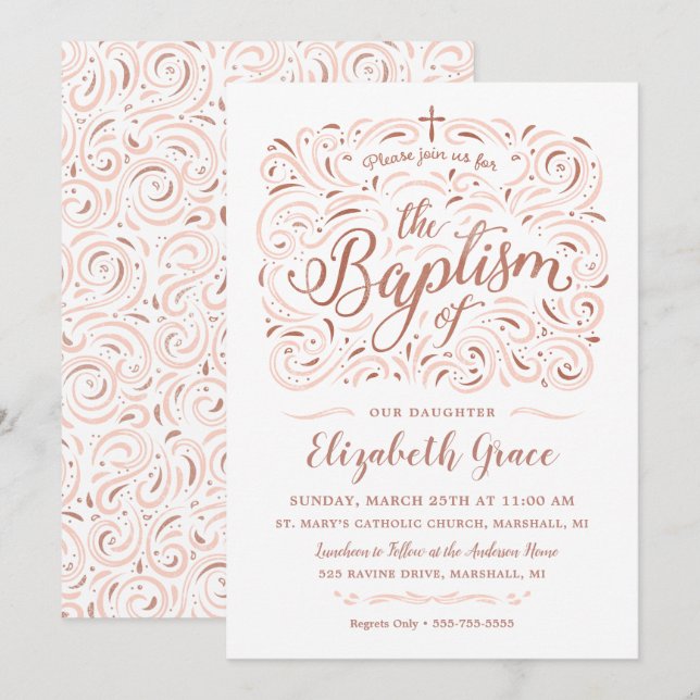 Convite para Batismo Rosa Dourado Faux (Frente/Verso)