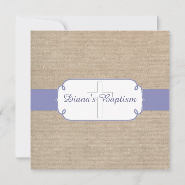 Convite para Batismo Rústico Roxo Beige Burlap (Frente)