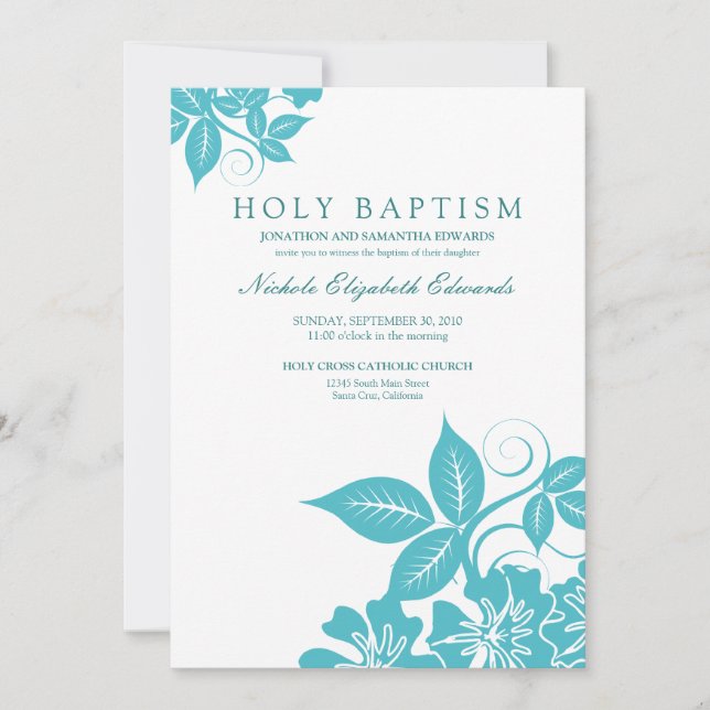 Convite para Batismo Sagrado Floral de Aquamarine (Frente)