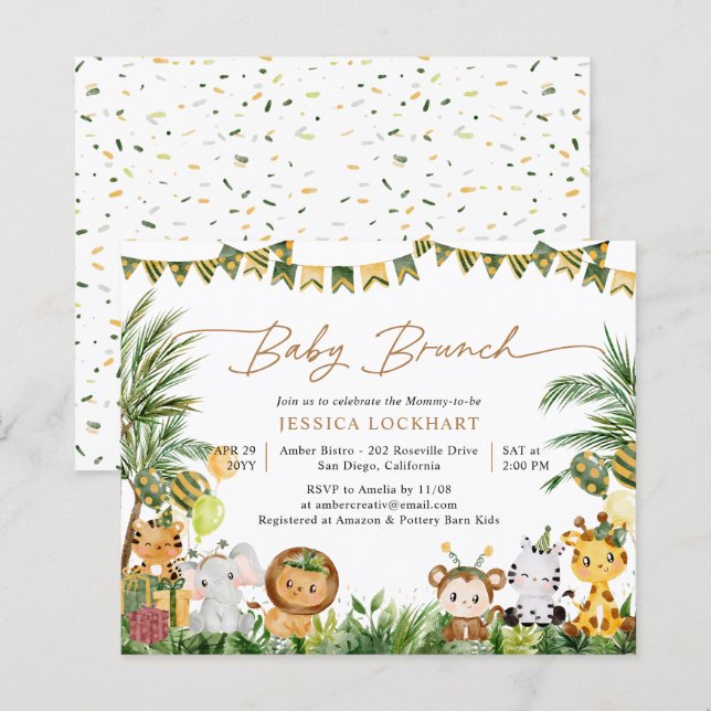 Convite para Bebê da Selva Tropical Cute de Orçame (Frente/Verso)