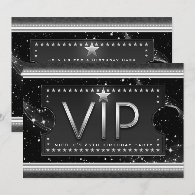 Convite para Bilhete VIP Black & Silver Chic Glam (Frente/Verso)