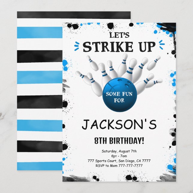 Convite para Boliches editáveis azuis (Frente/Verso)