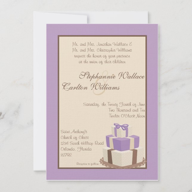 Convite para Bolo de Casamento Roxo/Marrom (Frente)