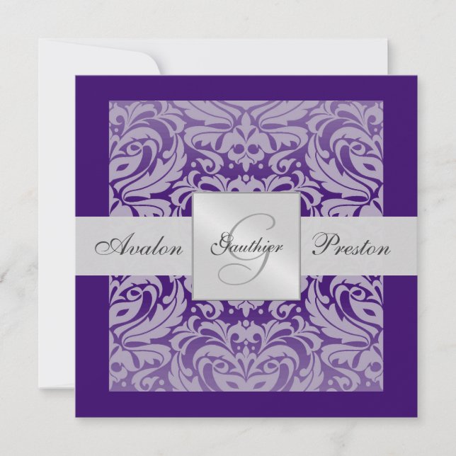Convite para Borda do Damask Monograma Roxo (Frente)