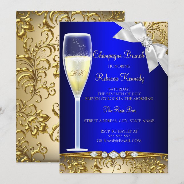 Convite para Brunch Champagne Azul Elegante Dourad (Frente/Verso)