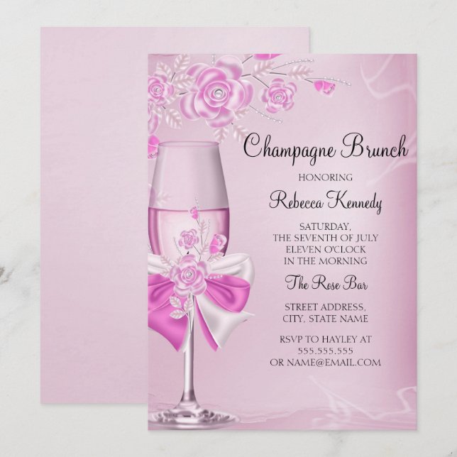 Convite para Brunch com Champanhe Rosa Bonito (Frente/Verso)