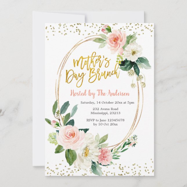 Convite para Brunch, cor-de-rosa e Dia de as mães  (Frente)