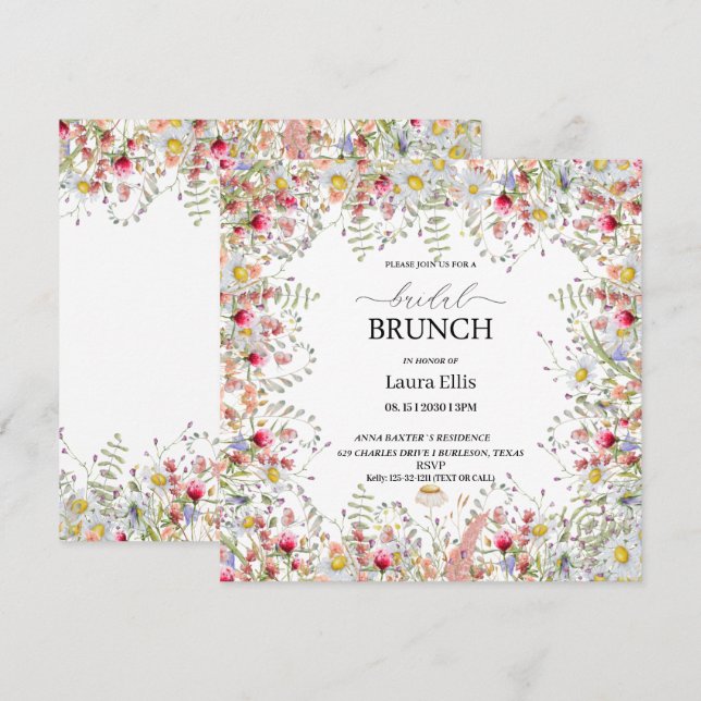 Convite para brunch floral de flor selvagem elegan (Frente/Verso)