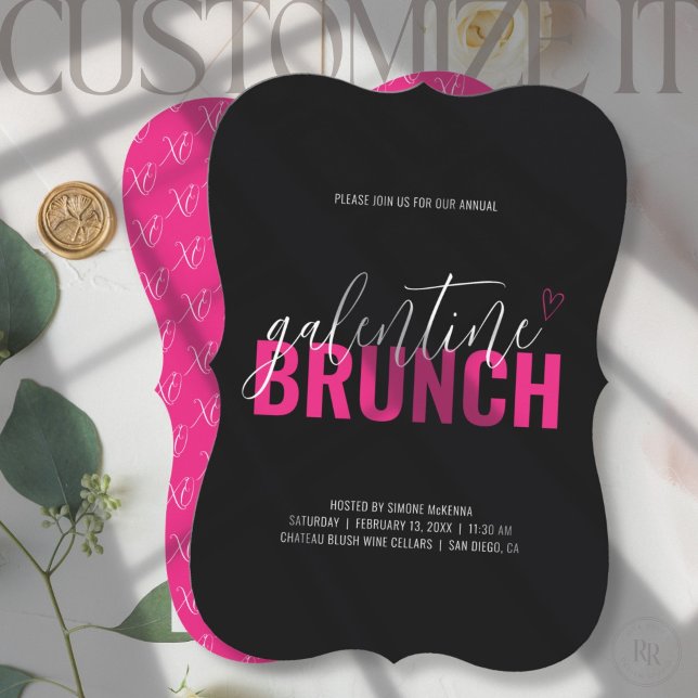 Convite para Brunch Galentine Preta e Rosa-Quente (Criador carregado)