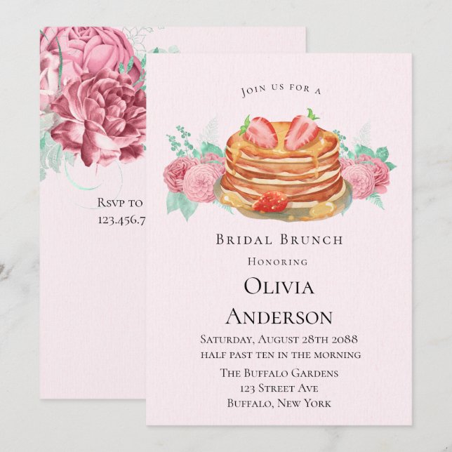 Convite para Brunch Pancake Pink e Mint Bridal (Frente/Verso)